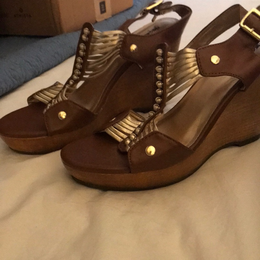 Gold and brown strap wedges